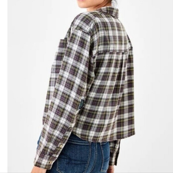 Ae | Cozy Cropped Tartan Flannel Blue Plaid Elbow Patches Womens Small S - Picture 5 of 13